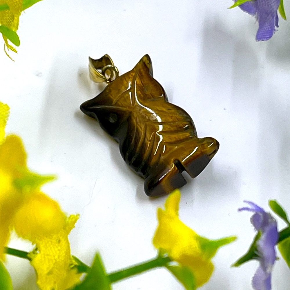 Tigers Eye Stone Vintage Carved Owl Pendant
